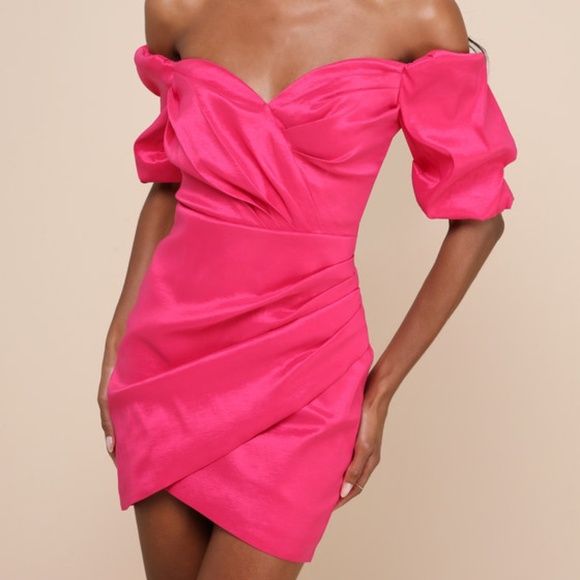 Lulus Desirable Aura Hot Pink Taffeta Off-the-shoulder Mini Dress - Size L - Picture 1 of 1
